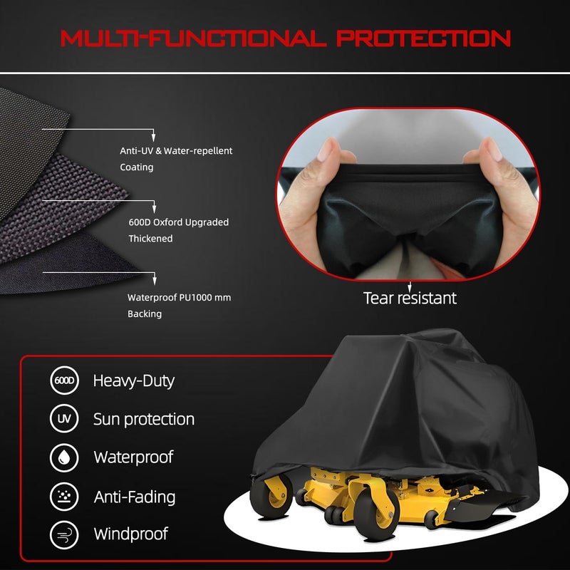 OWEEIO Lawn Mower Cover, Heavy Duty 600D Oxford, Waterproof Outdoor, Weather Resistant, Rip-Proof, Anti-UV, Raing-proof, Sun Block, Heatresistant with 1 Windproof Strap, 1 Storage Bag (Zero-Turn) - Image 3